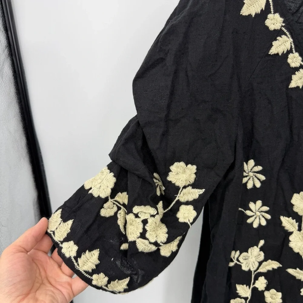 Free People Black Mini Dress with Cream Floral Embroidery